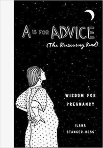 Black and white illustration of a pregnant woman in a spotted shift, putting her hands on her lower back and looking up at the crescent moon.