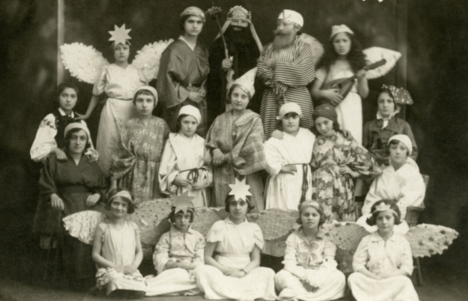 Young Bais Yaakov students dressed in costume for play Joseph and His Brothers in Buczacz