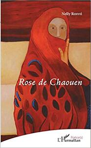 a painting of a woman in red and blue robes and a red headscarf, pulling it over to cover her mouth.