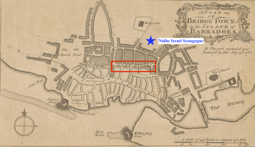 A hand-drawn map of Bridge Town, Barbados, with added graphics: a red box around Swan Street and a blue star indicating Nidhe Israel Synagogue, approximately a block north