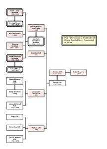 Three generations of a family tree, indicating that 10 out of 20 members are documented as born enslaved and 5 out of 20 are documented as Jewish, with two both born enslaved and Jewish.