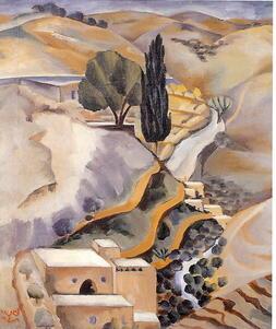 A landscape painting in natural tones of hills, square houses, and two trees