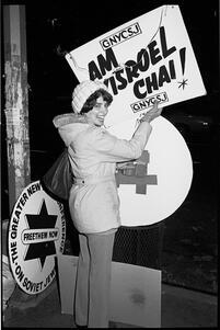 Arlene Agus preparing for a Greater New York Conference on Soviet Jewry rally