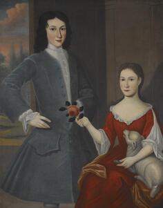potrait of a young man in a gray jacket and a young woman in a red gown with a lamb on her lap