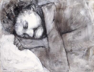 Black and white painting of an elderly woman lying down