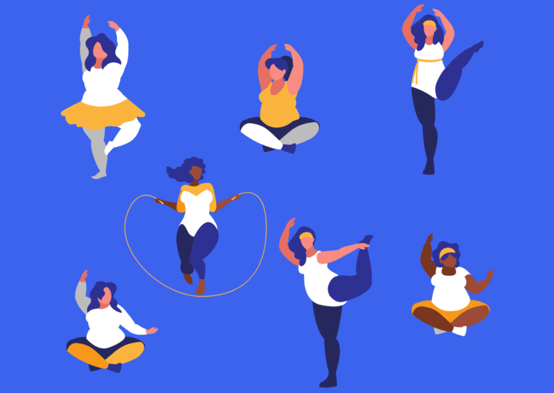 Illustration of plus-size women doing various exercises.