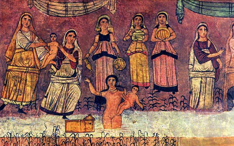 The daughter of Pharaoh, surrounded by her maidservants, draws Moses from the Nile.