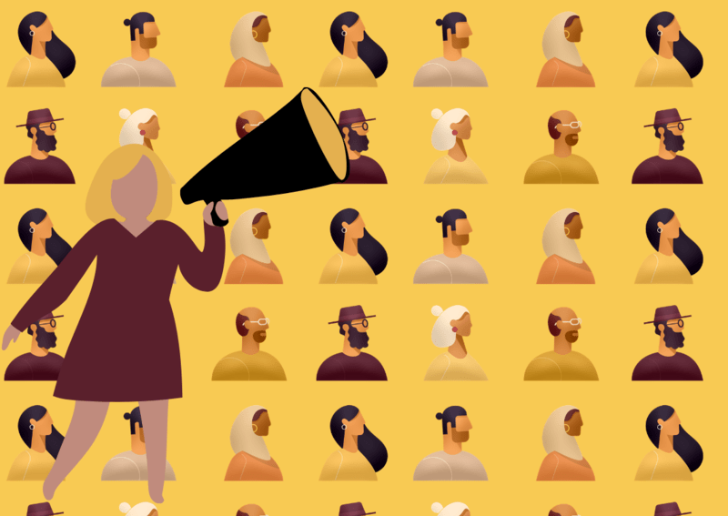 Background of Figures in Profile; Figure with Megaphone in Forefront