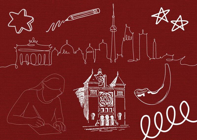 Outlined drawings of city skyline, old synagogue, girl writing, and other doodles on red background