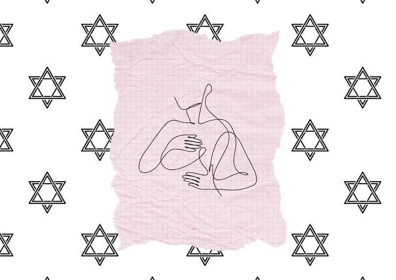A white rectangle with a Stars of David pattern. A pink rectangle in the middle with the artistic silhouette of the bust of a woman.