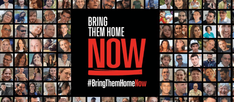 Bring Them Home Now with images of Israeli hostages