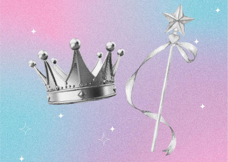 Collage with tiara and scepter with pink and blue sparkly background