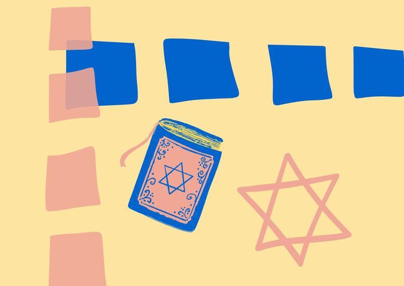Collage of a book with a star of david on the cover