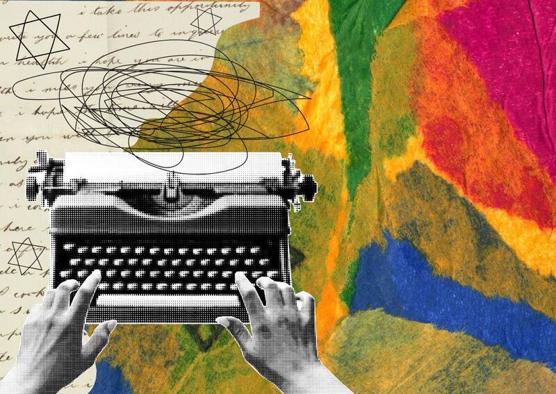 Colorful collage of a typewriter with stars of david in the top left corner