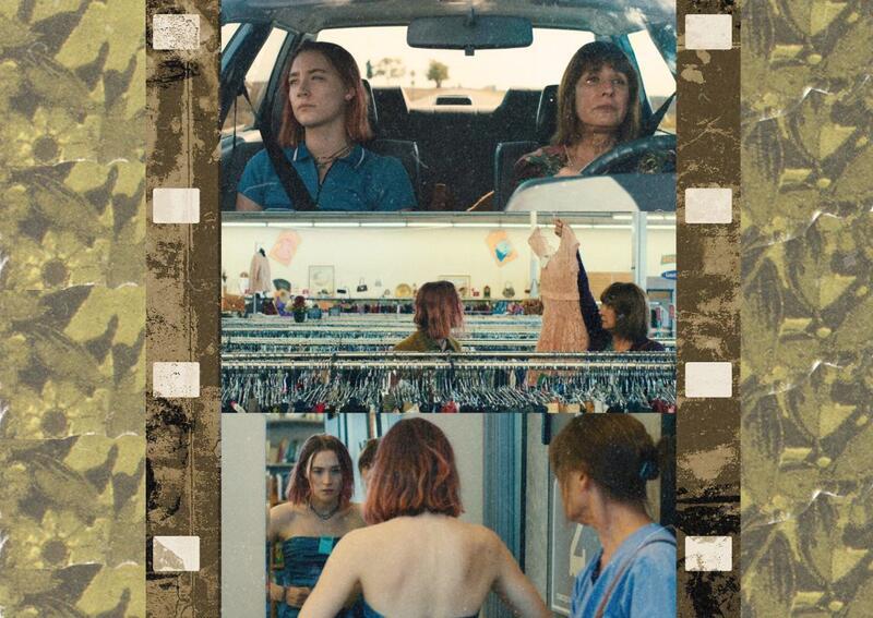 Collage with mage of Lady Bird and her mom driving in a car and trying on a dress