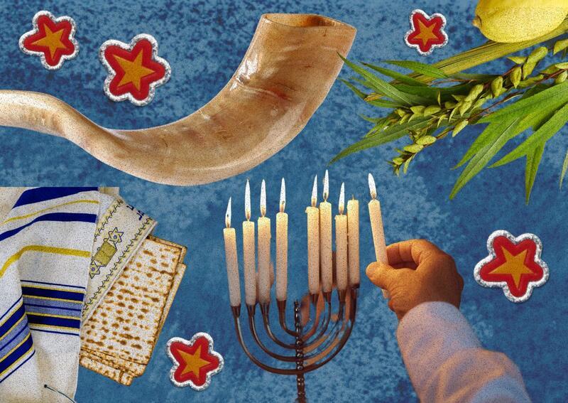 Collage with shofar, lulav and etrog, menorah, tallit, and flowers