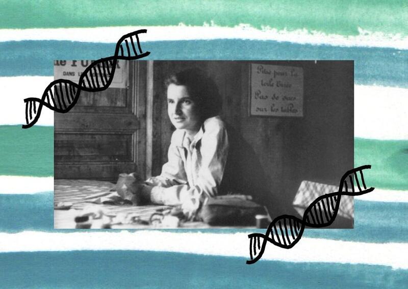 Collage with black and white photo of Rosalind Franklin. Blue and green stripes and double helix imagery in the background.
