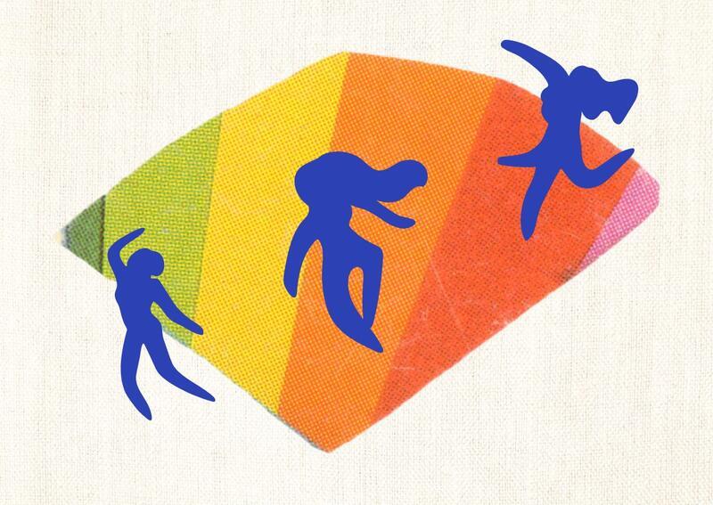 Collage of women dancing with a rainbow background