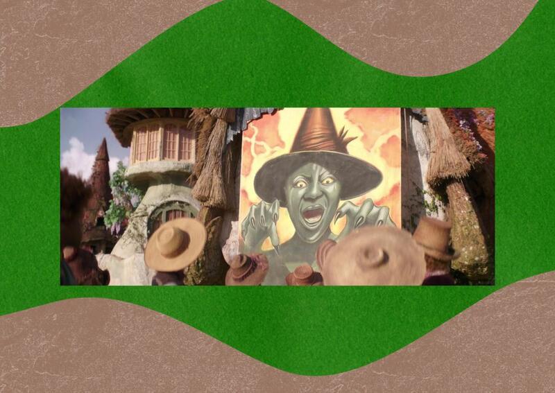 Collage with image of residents of Munchkinland looking at propaganda poster of the Wicked Witch, Elphaba 