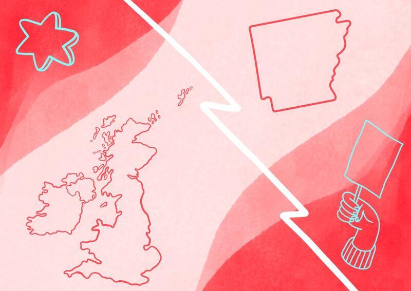 Collage with outlines of the UK and Arkansas divided by a white line, on a red background