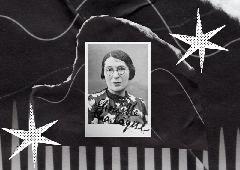 Collage with photo of Charlotte Charlaque surrounded by black and white designs.
