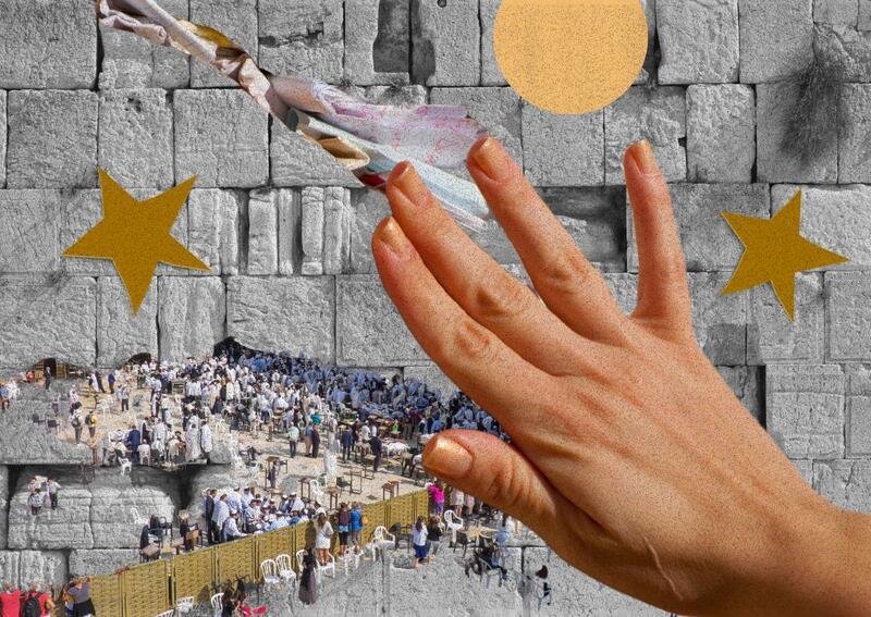 Collage of the Kotel with a hand touching the wall and stars around. 