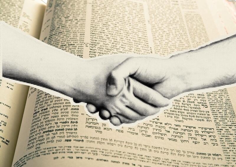 Collage with page of Talmud and two hands shaking