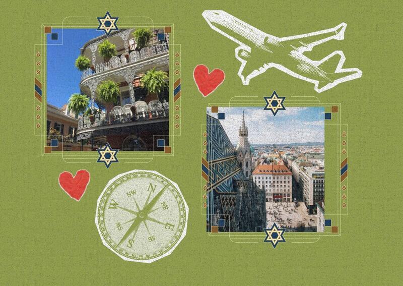 Collage with image of an airplane and a compass and pictures of Vienna and New Orleans