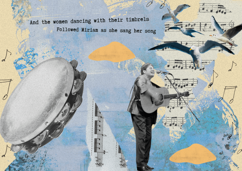 Collage of Debbie Friedman with text that reads "And the women dancing with their trimbels followed Miriam as she sang her song"