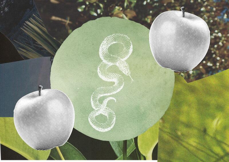 Collage with apples and a snake at the center