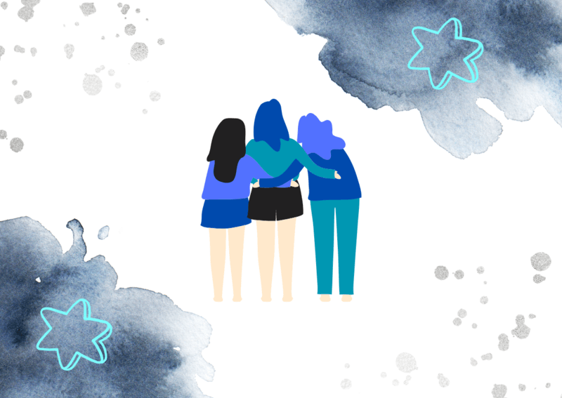 Collage of three women with their arms around each other on blue and white background