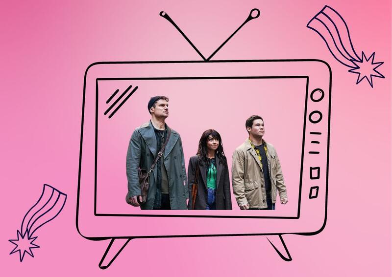 Collage of characters from TV show Bumper in Berlin on pink gradient background