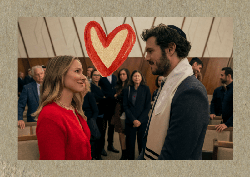 Collage with image of Kristen Bell and Adam Brody acting in Nobody Wants This with a heart.