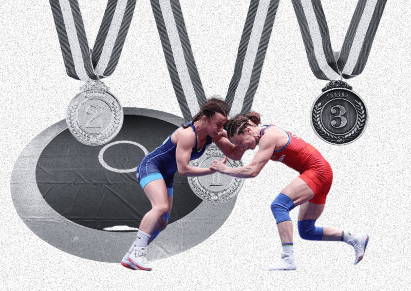 Collage with image of Amit Elor wrestling with medals in the background