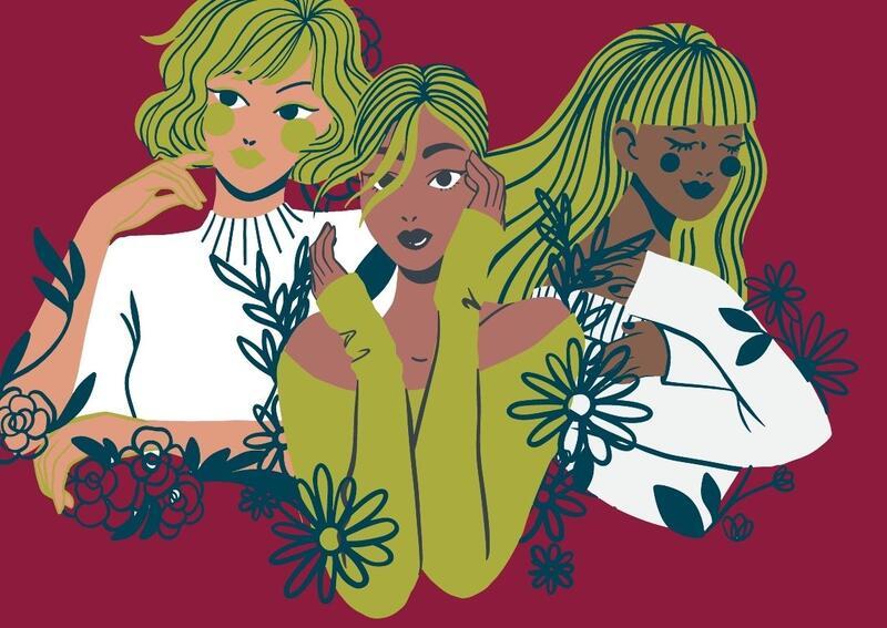 Illustrations of Women Outlined with Flowers in Shades of Green, Blue, and White