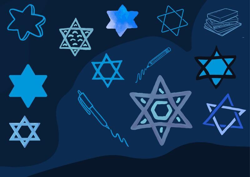 Collage of Stars of David and pens on dark blue background