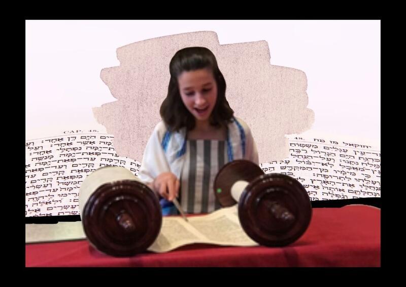 Collage of Sasha Kranson-Forrest reading from the Torah at her Bat Mitzvah