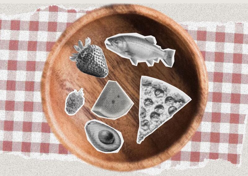 Collage with wooden bowl with a pizza, fish, watermelon, avocado, and other food items in it on a table cloth