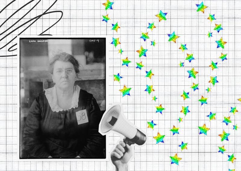 Emma Goldman with green and blue multi-color stars and a megaphone