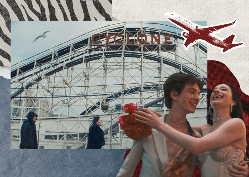 Collage with image of characters from the film, Anora and Vanya, and Coney Island cyclone roller coaster