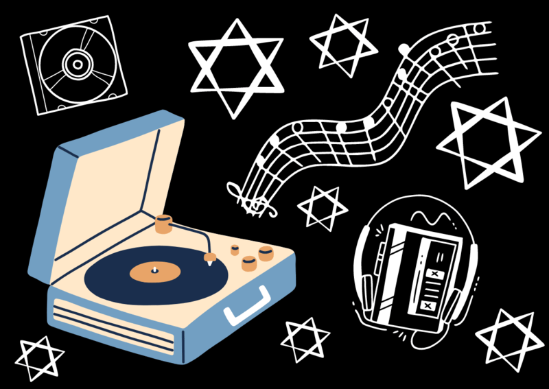 Blue record player on black background with white Jewish stars