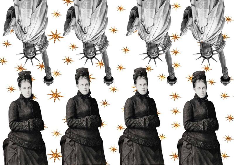 Repeated images of the Statue of Liberty on the top row. Repeated images of Emma Lazarus on the bottom row.