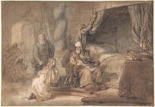 Drawing of Bathsheba kneeling before David.