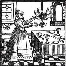 18th Century woodcut of a woman lighting Shabbat candles