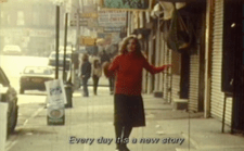 Sally Gross standing in the middle of a sidewalk, with the caption "Every day it's a new story"