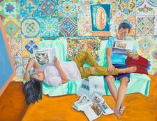 colorful painting of a father and daughter reading the New York Times
