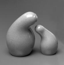 black and white photograph of modernist ceramic salt and pepper shakers