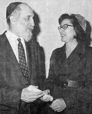 black and white photograph of a man and a woman wearing kippot