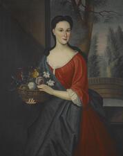 portrait of a woman with dark hair wearing a red gown and holding a basket of flowers