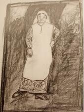 black and white drawing of a woman with a white apron and white head covering